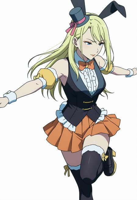 Smooth Quality,masterpiece,very intricate, high quality details, ultra realistic, high detailed skin,detailed enviorement,absurdres,anime screencap, 
simple background, white background, dancing, 
 <lora:Moonbeams_Manager_CNR:0.7> moonbear_cnr, 1girl,blonde hair, long hair, blue eyes,rabbit ears, fake animal ears, bare shoulders, makeup, lipstick, mini top hat, black vest, shirt,puffy short sleeves, detached sleeves, wrist cuffs,orange pleated skirt, black thighhighs, frills,bowtie, platform footwear,, raised eyebrow,, :>=,