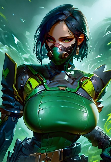 score_9, score_8_up, score_7_up, score_6_up, score_5_up, score_4_up, masterpiece, perfect face, perfect eyes, sexy girl, Viper, 1girl, valVipr, bob cut, green eyes, black hair, mature female, gas mask, green and black bodysuit, black gloves, belt, thigh boots, sexy pose, seductive, (large breasts:1.3), thick thighs, ho1ding-weap0n, 1girl, holding rifle, green gas background, 
front view, female focus, looking at viewer,