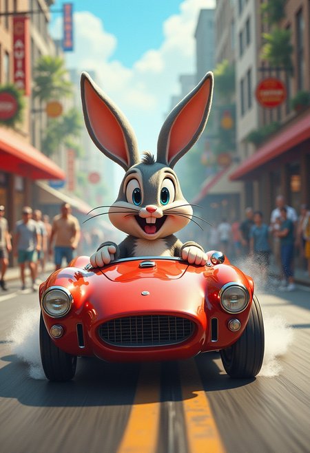 Bugs Bunny in a toy car, zooming through a busy street (masterpiece, award winning artwork) many details, extreme detailed, full of details, Wide range of colors, high Dynamic