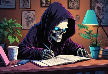 (pui:0.01) 
A (cute, whimsical, big cute sad eyeholes in skull, ) skeletal figure clad in a dark, billowing robe, hood casting shadow over skull, (death, grim reaper, ) 
(table, skeletal figure, headphones, (lofi-style:1.03), grim reaper in a relaxed setting, bony hands holding phone, notebook or sketchbook, table lamp casting warm light, cozy atmosphere, hoodie or jacket dd over robe, plants or books nearby, )
(trending:1.01) )(RAW:0.72),high definition,amazing quality, absurdres, <lora:LCMTurboMix_Euler_A_fix.safetensors:0.96:0.3> <lora:sdxl\add-detail-xl.safetensors:0.89:0.10  p16,s19