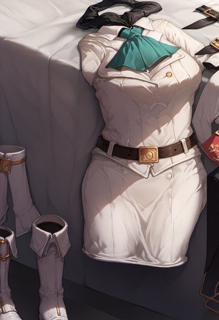 Prompt,
score_9,score_8_up,score_7_up,source_anime, <lora:clothes_removed:1> clothes removed, no humans
 <lora:elie-pdxl-nvwls-v1:1> zeroElie, black hairband, hair ribbon, , ascot, uniform, white dress, pencil skirt, belt, black pantyhose, white boots