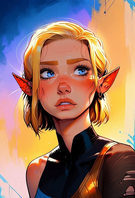 score_9, score_8_up, score_7_up, score_6_up, source_anime, 4LFI3V1,s1_dram,alfie, blue eyes, halfling, pointy ears, shortstack, incase, skinny neck, round face, freckles, bob cut, blonde hair, earrings, Egyptian rags, torn clothing, SFW, dynamic shot, dynamic angle, dynamic lighting,
