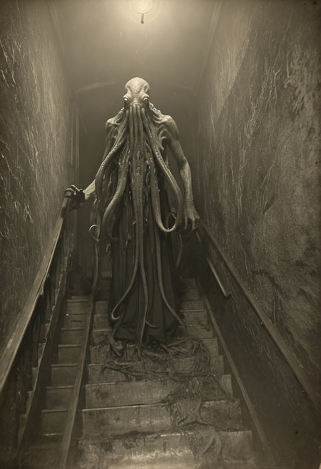 antique photo, eerie atmosphere, creepy, descent into madness, cthulhu mythos, nameless ones,  horror, lovecraft, <lora:Antique_Photo:1>