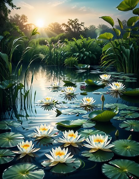 A highly detailed and realistic photograph of a serene lily pond surrounded by lush greenery. The calm water reflects the soft sunlight filtering through the overhanging trees. The surface is adorned with vibrant green lily pads, some with delicate pink and white water lilies in full bloom. A few dragonflies hover above the water, their wings catching the light. Gentle ripples create subtle distortions in the reflection of the sky and foliage. In the background, a dense array of reeds and aquatic plants frame the pond, adding depth and texture. The soft golden glow suggests late afternoon or early evening, enhancing the tranquil and picturesque atmosphere. The composition is balanced, drawing the viewerâs eye toward the natural beauty of the water lilies and their intricate details.
 <lora:SDXLFaeTastic2400:0.4> <lora:extremely_detailed:0.4> extremely detailed,<lora:lily_p0nd:1>,lily p0nd, Masterpiece,best quality,hi res,8k,hi res,8k,award winning,(sharp focus, intricate, highly detailed),