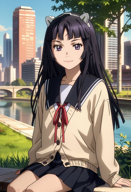score_7_up, anime screencap,
<lora:GuiltyCrown_TsugumiXL:0.9>,
1girl, closed mouth, light smile,
long hair, black hair, hime cut, purple eyes, fake animal ears, hairband,
TsugumiSchool2, black sailor collar, cardigan, red ribbon, long sleeves, pleated skirt, black skirt,
sitting, looking at viewer, 
blurry background, city, grass, river, tree, riverbank