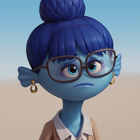 score_9_up, score_8_up, BREAK, AgathaGillman, 1girl, solo, blue hair, single hair bun, colored skin, blue skin, blue eyes, glasses, earrings, white shirt, suit, upper body,  <lora:AgathaGillman_PXL_Leaf1:1>, blue sky,
