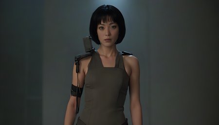 Motoko Kusanagi in Blade Runner 1982, neo noir, cyberpunk, cinema still medium shot 8k, wearing school uniform