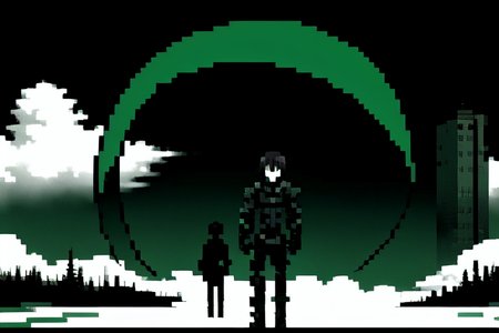 highly insanely detailed, masterpiece, top quality, best quality, highres, 4k, 8k, RAW photo, (very aesthetic, beautiful and aesthetic),  
tsutomu nihei,nihei_tsutomu,blame!,blame gakuen!,abara,TNstyle,sidonia_no_kishi,walkway,letterboxed,fence,clouds,buildings, 
<lora:ABARA:0.7>, 
(1girl:1.3), 
solo focus, 
emerald green background,iridescent background,black background,(colored camouflage background),âââ