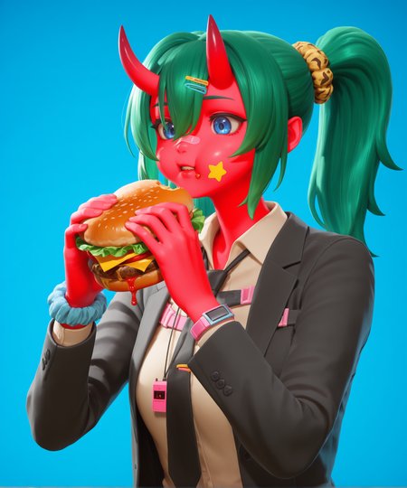 highly detailed, (upper body:1.3), eating burger, messy burger, dripping cheese, ketchup all over face, blue background, solid background, 1girl, solo, green hair, twintails, ponytail, long hair, bangs, hair between eyes, hair over one eye, ears, horns, oni horns, single horn, red skin, pink skin, blue eyes, parted lips, bandaid, bandaid on nose, bandaid on thighs, colored skin, hair ornament, hairclip, scrunchie, (black suit jacket, open suit jacket, white collared shirt, black tie, black necktie, black trousers, black pants, black shoes:1.4) <lora:Fortnite_Nemia_Demonically_Cute_Set_ILXL_E29_16_DIM:1>, <lora:NOOB_vp1_detailer_by_volnovik_v1:3>