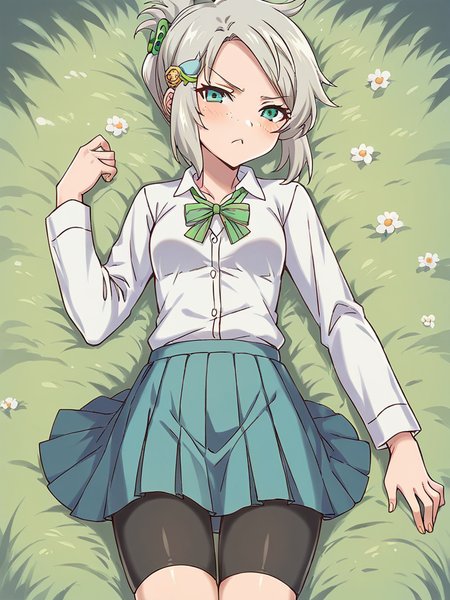 score_9, score_8_up, score_7_up,  
1girl, lucy rf, grey hair, green eyes, small breasts, freckles, folded ponytail, hair ornament, 

lying, on back, on grass, frown, narrowed eyes, pout, looking at viewer, school uniform, white shirt, long sleeves, neck ribbon, pleated skirt, bike shorts,
