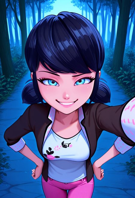 bright colors, detailed background,, volumetric light, vivid colours, standing,
looking at viewer, outdoors, overcast, dark, forest, vines, ponypositive, solo, solo focus, open hands on hip, single eyebrow lifted, smirk,
Marinette Dupain-Cheng, shoulder-length black hair with blue reflections tied back in pigtails, light pink lips, fair skin, bright bluebell eyes, unbuttoned jacket, white T-shirt, pink jeans, 
Smooth Quality,
best quality, hyper detailed, ambient stylish expressive lighting, absolutely eye-catching masterpiece, body extremely close-up view, (facing viewer), forward, face extremely close-up shot, chest focus, selfie,