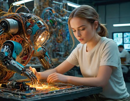 Intricately, she focused on her tasks with meticulous precision, diligently dismantling and reassembling the robotic parts, all while brilliantly weaving an imaginative narrative in her mind that seamlessly blended the fascinating world of technology with the creative realm of art, as this young technician's intense passion for both science and expression transformed the industrial space into a vibrantly animated scene. netflix, 4k <lora:aatatmvkf01:1>