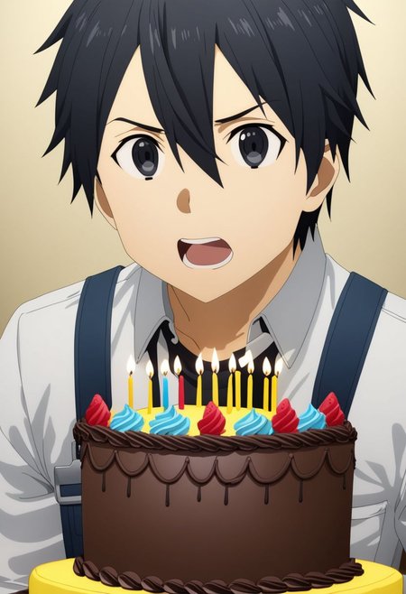 high resolution, professional photography, best quality, 1Boy, Kirigaya Kazuto, Black Hair, Black Eyes, overalldetail, surprise, birthday surprise, funny, birthday cake, birthday party