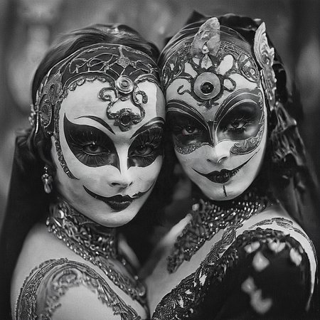 <lora:20s_Silent_MovieSDXL:1> ArsMovieStill, 20s Silent Movie Still, Black and White, The image is a black and white photograph of two women wearing elaborate masks. The woman on the left is wearing a headpiece with intricate designs and patterns while the woman in the middle has her face painted with a dramatic and ornate design. Both women have dark makeup and are wearing elaborate necklaces and earrings. The background is blurred making the masks the focal point of the image. The women are standing close together with their arms around each other and their faces are slightly tilted to the side. The overall mood of the photograph is dark and mysterious., monochrome, greyscale, 2girls, multiple girls, looking at viewer, jewelry, makeup, choker, long hair, smile