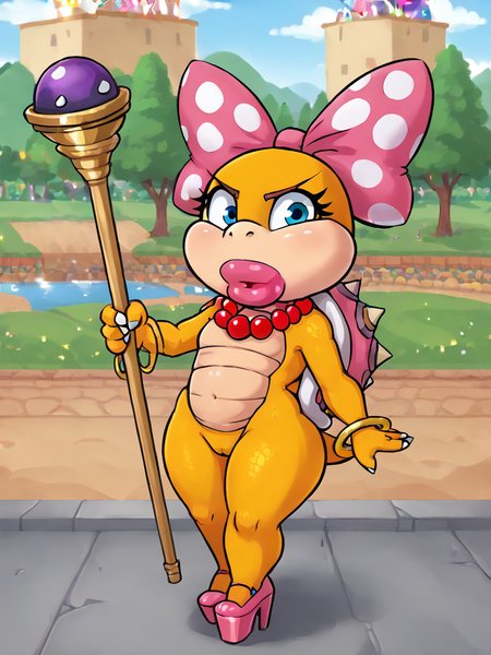<lora:WendyKoopa1.0:1> wendykoopa,  yellow skin, pearl necklace, thick lips, polka dot bow, blue eyes, solo, staff, shortstack,high heels, cute,short , 1girl, furry female, spiked shell, tail, looking at viewer,<lora:Smooth Anime Style LoRA XL:1> <lora:Jabstyle_AMXLV1:1>