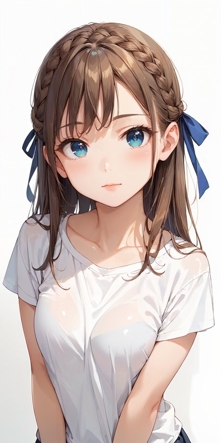 score_9, score_8_up, score_7_up,source_anime, high res image,masterpiece,best quality,girl,cute face,clear skin,shiny hair,ultra detailed eyes,simple background,   <lora:half up braid_pony_V1.0:1.1> half up braid,ribbon