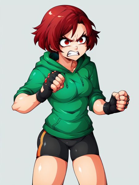 score_9, score_8_up, score_7_up, score_6_up, score_5_up, score_4_up, WitchK1ng, 1girl, simple background, angry, punching,   <lora:WitchkingStyle-05:1>,   <lora:Enti-05:1> Enti, red hair, red eyes, short hair, green hoodie, bike shorts, fingerless gloves