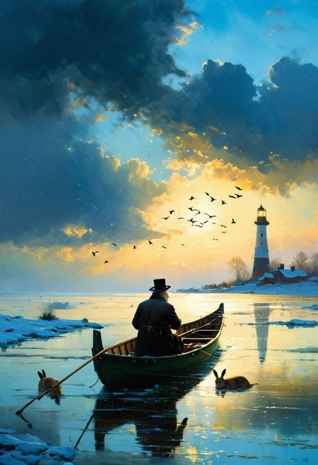 ((masterpiece, best quality, high quality, highres, ultra-detailed)), (the river, the flying birds,Night, rain) , , sky, clouds, sunlight, <lora:soldart:0.6> <lora:AngelicAI:0.1> <lora:add_detail:1>,, against the background of the 
lighthouse, blue sky, , epic clouds, (oil painting:0.1),  (best quality, 8K, high resolution, extreme detail, outstanding composition:1.4), art by Jeremy Mann, god rays, dramatic light,   (oxygen-rich air and sheltered atmosphere, snowy, aesthetic of hard - edge painting:0.1), An russian old man siting in a boat with hares, hares in hands, (buttoned up coat:0.6), (black fur hat:0.6), Wellingtons, full body, oars, oil on canvas, (ivan aivazovsky:0.1), <lora:ClassipeintXL1.9:0.3>, (best quality, high resolution, extreme detail, outstanding composition, masterpiece:1.4),