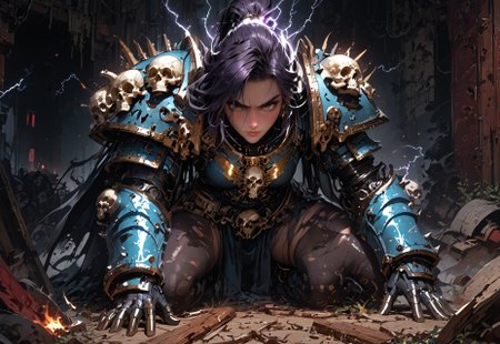 safe_pos, 1girl, solo, 18 year old girl, detailed face:1.4, stunning beauty:1.5, long legs, large body, powerful necromancer:1.3, large saggy breasts, flushed cheeks, fierce expression:1.6, feral smile, manic grin, uncontrollable anger, raw emotion, dynamic hairstyle, deep rich (dark purple) hair:1.5, freckles:1.4, skin cracking:1.5, glowing cracks in skin, skin breaking:1.5, power overload:1.5, growing cracks in skin, bone armor, skin tight clothing, torn clothing, gloves, low on waist pelvic curtain, thigh highs, necrotic energy:1.4, lightning, perfect eyes:1.5, dark purple glowing eyes:1.5, piercing gaze, dark circular pupils:1.6, exposed thighs, shiny/glossy skin, detailed skin, realistic skin, dynamic pose, crouching amongst bones, holding skull, studying skull, glowing arcane power bursting from skin:1.4, skin breaking with glowing power inside:1.4, 
BREAK
cathedral, bone piles:1.3, skulls, smoke, torches, braziers, glowing floor runes,
BREAK
score_9, score_8_up, score_8, masterpiece:1.3, best quality, official art, extremely detailed, CG unity 8k wallpaper, highly detailed, absurdres, high definition, photorealism:1.5, detailed shading, dynamic lighting, high contrast, ambient occlusion, vibrant colors:1.5, saturated colors:1.6, ray tracing, 

close up shot:1.6, dynamic angle, source_anime, close shot, face focus, cinematic:1.3, epic:1.5,

expressiveh, NightL40K, MythAn1m3, eye_focus, 