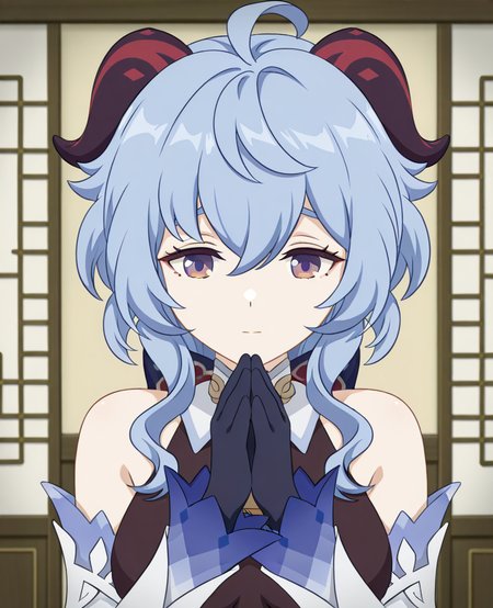 masterpiece, best quality, amazing quality, highres, absurdres, <lora:Eufoniuzs_Anime_Screencap_illustrious_2:1>, flat color, anime screencap, anime coloring, ganyu \(genshin impact\), detached sleeves, chinese clothes, praying, portrait, closed mouth,