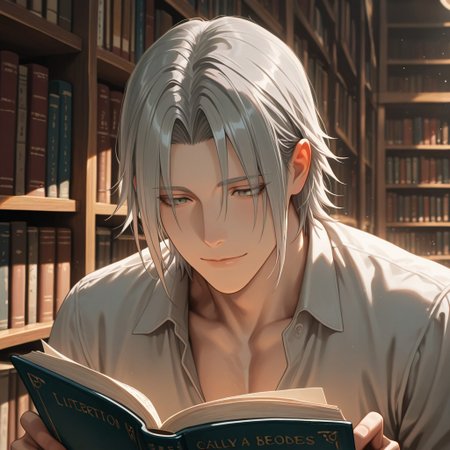 masterpiece, best quality, amazing quality, absurdres, newest, detailed background, definition so sharp, Ultra-HD, 8K cinematic, very awa, impressionate, amazing quality, highres, 
solo, male focus, manly, 
yashiroisana, 1boy, short hair, parted bangs, shiro_pretime, shiro_grey hair, shiro_grey eyes, reading a book, light smile, calm expression, library, soft light, bookshelves, playful, aesthetic, peaceful, intellectual