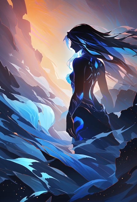 masterpiece, best quality, 1girl,Detailed complex chaotic seascape blue light mysterious silhouette of shiva, goddess of ice, fung-hwang,UV-reactive, blue light art concept by Waterhouse, Carne Griffiths, Minjae Lee, Ana Paula Hoppe, Stylized florescent art, Intricate, Complex contrast, HDR,OverallDetail, mineral color painting  <lora:sdxl\sd_xl_dpo_lora_v1-128dim>