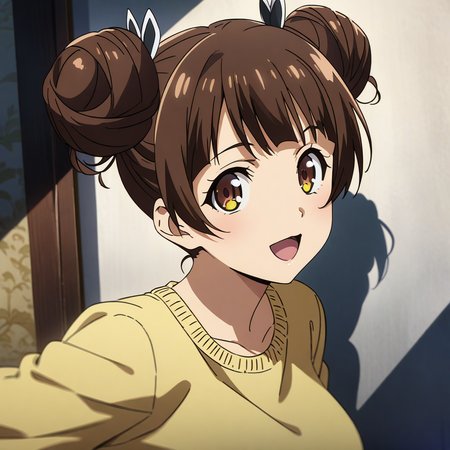 fujinoki_nene, brown hair, brown eyes, large breasts, twin hair buns,  inner white shirt, yellow sweater, portrait, smile, open mouth, looking at viewer, anime coloring, <lora:XL-FujinokiNene:1>, (masterpiece),(best quality),(ultra-detailed),(best illustration),(best shadow),(absurdres),(detailed background),(very aesthetic),