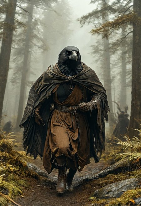 (masterpiece,best quality,ultra_detailed,highres,absurdres:1.2), DnD_Grainyboyz, 
BREAK
highly detailed photo of black corvidfolk running through forest, (dynamic pose:1.2), (fast running:1.3), motion blur, wearing brown robe, moody forest,
detailed background, (ancient dence forest:1.2), rocks, fog, (dramatic light:1.25)
<lora:neg4all_bdsqlsz_xl_V9:2><lora:dynposes3870:0.8>