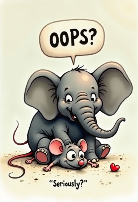 A large elephant sits on a mouse and says "OOPS?", the mouse is lying under the elephant on the ground, the mouse says "Seriously?". Tagline this 'Seriously?' in smaller, white font at the bottom. The mouse is crushed under the weight of the elephant, the mouse's eyes have popped out of their sockets, the mouse's arms are spread wide apart, and in front of them lies a little red heart.