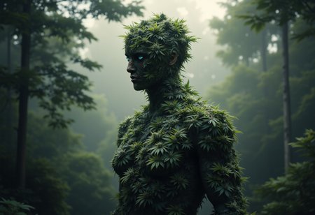 "Create a surreal and slightly ominous professional photo with a humanoid figure made entirely of cannabis plants, blending seamlessly with the natural environment around it. The figure is detailed, with layers of buds and leaves forming the contours of a human silhouette, and stands against a background of dense, misty forest. The atmosphere is eerie and dreamlike, with soft, diffused light streaming through the trees, casting mysterious shadows. The mist hangs low, creating a sense of intrigue as if this figure has emerged from the depths of nature. The color palette is rich and earthy, with shades of deep green and smoky grays, adding to the otherworldly ambiance. The background should complement the figure, enhancing its organic texture and blending it harmoniously with the wild, untamed forest, retro_anime, aidmaMJ6.1