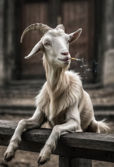 sitting animal goat smokes a cigarette, holds a cigarette,  8k, F2.8, RAW Photo, ultra detailed, <lora:Smoking_Nun_XL:0.8>
