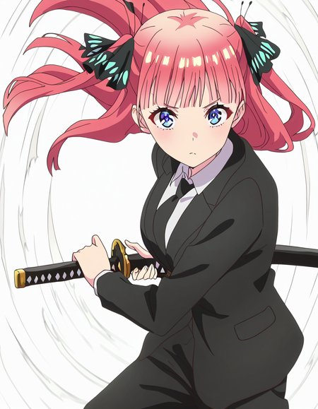 masterpiece, best quality, newest, absurdres, highres, safe,, <lora:nnakano-s2-ponyxl-lora-nochekaiser:1>, long hair, bangs, blue eyes, hair ornament, hair ribbon, pink hair, blunt bangs, two side up, butterfly hair ornament, large breasts, anime screencap, <lora:battoujutsu-stance-illustriousxl-lora-nochekaiser:1>, battoujutsu stance, looking at viewer, holding, weapon, sword, holding weapon, holding sword, standing, katana, sheath, sheathed, fighting stance, ready to draw, shirt, long sleeves, jacket, white shirt, necktie, collared shirt, pants, black jacket, floating hair, black pants, formal, suit, black necktie, black suit, pant suit,, ,