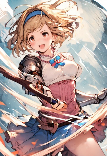 score_9, score_8_up, score_7_up,score_6_up, source_anime, best quality, masterpiece, aesthetic, absurdres, 
1girl, solo, happy, blush, serious, (holding sword:1.2), action, motion blur, 
djeeta \(granblue fantasy\), blonde hair, short hair, hairband, brown hair,  medium breasts, pink blouse, skirt, gauntlets, 
<lora:JitaRuri-Pony:0.8> jitaruri, <lora:IshikePony:0.5>,
