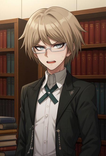 score_9, score_8_up, score_7_up, source_anime, highly detailed, 
togami, 1boy, male focus, solo, shirt, short hair, glasses, jacket, open mouth, bangs, sweat, upper body, collared shirt, white shirt, looking at viewer, black jacket, open jacket, teeth, long sleeves, open clothes,
brown hair, semi-rimless eyewear grey eyes, upper teeth only, chain, turning pale
indoor, books, bookshelf,
