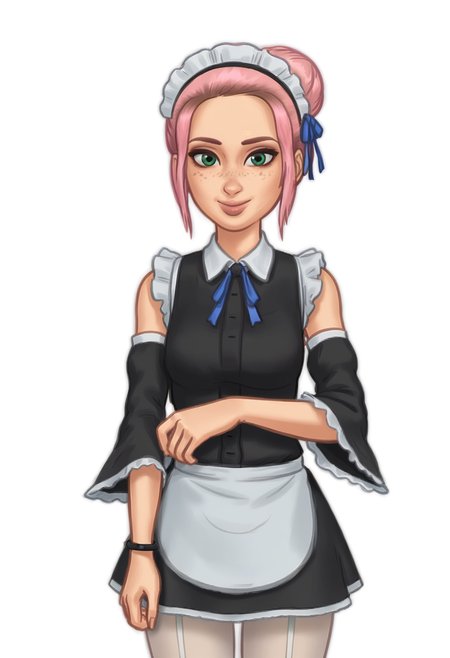 1girl, solo, Br00klynn, green eyes, freckles, pink hair, short hair, single hair bun, bracelet, maid, maid headdress, white apron, waist apron, detached sleeves, wide sleeves, detached collar, hair ribbon, blue ribbon, frilled sleeves, frills, white pantyhose, garter straps, <lora:Brooklynn - Camp Cretaceous-000010:1>,  looking at viewer, smile, <lora:SummertimeSagaXL_Pony Reupload:0.9> Drawn in the style of Summertime Saga, cowboy shot, standing, white background, simple background,