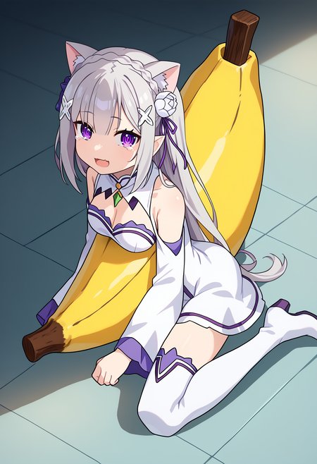 score_9, score_8_up, score_7_up, source_anime,
BREAK
1girl, solo, 
<lora:shiEmiliaV2:0.75> shimilia, long hair, grey hair, purple eyes, pointy ears, crown braid, hair flower, hair ribbon, purple ribbon, x hair ornament, white dress, cleavage, bare shoulders, wide sleeves, white thighhighs, thigh boots,
<lora:shiBananaV1:1.3>, shibananaoutfit, banana costume, 
full body, 
open mouth, smile, looking at viewer, 
cat girl, chibi, cat ears, crying, meme, official alternate costume
