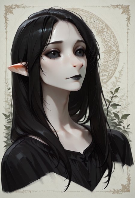 1 person, (lapanya, snout nose:1.6), solo, androgynous, (pointy ears), sleek hair, straight hair, long hair, black hair, straight hair, parted bangs, hair over shoulders, ((black sclera, black eyes:1.5)), (very pale skin, white skin), ((full lips, black lipstick)), black cloak, low collar, collarbone, side view,
3/4 view, head focus,
Medieval style, Smooth colors, detailed face, smooth skin, smooth nose, organic cavern background, clean lines, high quality, best quality, masterpiece, rating: safe, source: semi-realistic,