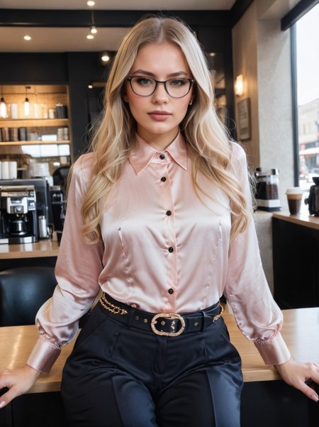 cinematic, volumetric lighting, very detailed, high resolution, sharp, sharp image, Aviva Sofia, wearing a celeste satin collared shirt, black office trousers with a chain belt, sitting at a coffee store, long blonde hair, brown eyes, makeup, glasses, fine silk fabric emphasis, visible bright shirt buttons, <lora:CollaredShirt_SDXL:0.75>
