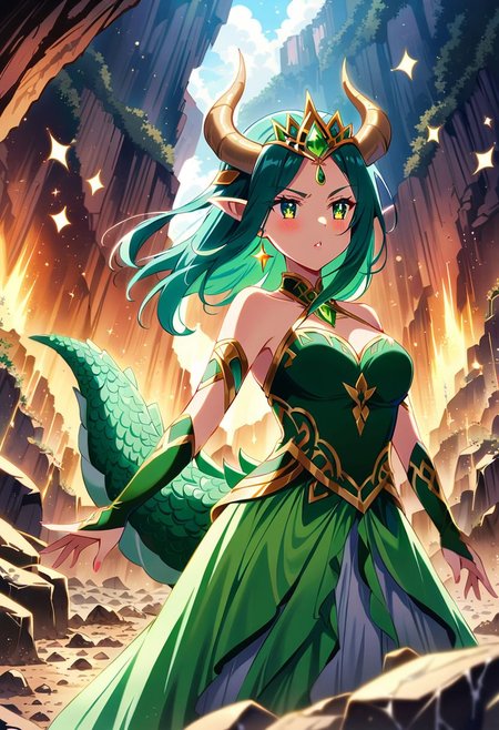 masterpiece, best quality, high quality, intricate, absurdres, very aesthetic, 
1girl, 1woman, dragon woman, green dragon woman, earth dragon woman, (dragon horns), green dragon tail, medium hair, side ponytail, hair above cheeks, green hair, brown hairtips, brown highlights, gradient hair, two-tone hair, green eyes, medium breasts, pointy ears, angry,
frilly elegant dress, leaf brooch, leaf earrings, leaf accessories, tiara, diadem, 
glossy lips, full eyelashes, blush, makeup,
(sparkles, sparkling clothes, sparkling eyes), sparking leaves,
landscape, cave, stalactites, stalagmites, overgrown, vines, thorns, dirt, (earthquake, falling rocks:1.2), boulders, devastation, cracked earth, earth magic,
dutch angle, cowboy shot, cinematic style, highly detailed, extremely detailed, sharp detail, majestic, shallow depth of field, movie still, soft light, circular polarizer, colorful, wallpaper, professional, anime