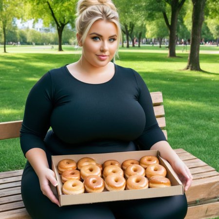 Close up  photo, awesome, blonde, blue eyes, cute seductive obese woman with a big fat belly, in a black tank top and black leggings, with her hair in a messy bun, in a park holding a box of donuts on a bench (best quality, high quality, photograph, hyperrealism, masterpiece, 8k:1.3 trending, rule of thirds,  Fujifilm XT3, Canon R5, Fujicolor Fujichrome Velvia 100, wide angle, mystic light, hdr, 8k, full details, best photo award
fat, bellysag, plump, large ass, curvy, fat belly, belly hang, bottomheavy, big ass