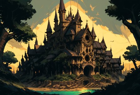 score_9, score_8_up, score_7_up, score_6_up, SFW, <lora:d3p1x3lXLP:1> d3p1x3l, PRSNL_3_1, pixel art, scenery, detailed castle, seen through trees,