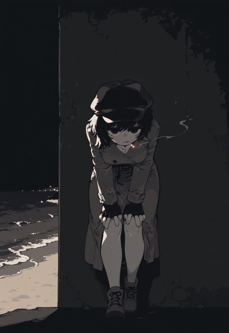 masterpiece, best quality, amazing quality, very aesthetic, absurdres, newest, ssambstyle, k4_illu, 
BREAK,
1girl, solo, black and white, monochrome, gradient black hair, short hair, side cut, detective hat, trench-coat, looking at viewer, head down, cigarette, smoke trail, noir scene, noir theme, fingerless gloves, full body, leaning against wall, beach, medium breasts, hands on knees, leaning forward, face focus,
BREAK, mysterious atmosphere, night, dramatic lighting, outdoors, city, detailed background, deep contrast, limited color palette, high contrast black, dramatic composition, 