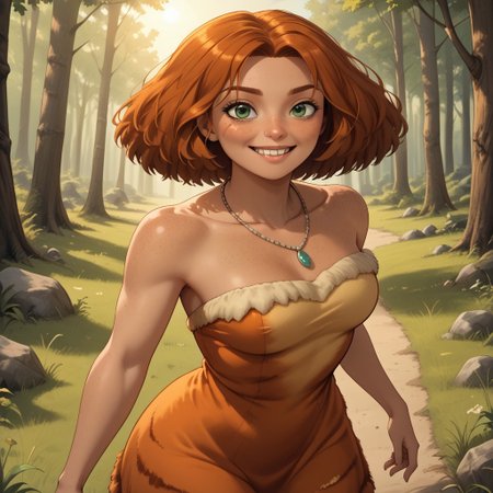 score_9, score_8, BREAK, solo, dark orange hair, green eyes, freckles, off shoulder dress, primitive dress, fur trim dress, necklace, breasts, barefoot, dark skin, dark skin female, Eep_Crood_(The_Croods), sexy pose, self portrait, smile, outdoors, sunlight, shadows, evening lighting, natural lighting, forest, trees, grass, orange sky, sunset