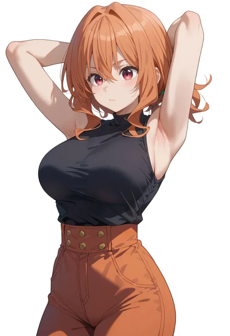 score_9,score_8_up,score_7_up,  <lora:amagami_yuna_pdxl_goofy:1> amagamiYuna, hair between eyes,  hair intakes,medium hair, orange hair, 1girl, :3, arms behind head, breasts, high-waist pants, large breasts, pants, simple background, white background,sleeveless shirt, black shirt,armpit crease,