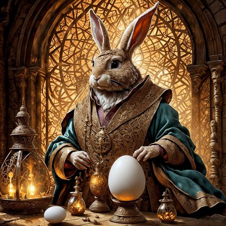 RAW photo, (masterpiece:1.3), subsurface scattering, heavy shadow, (high quality:1.4), (intricate, high detail:1.2), professional photography, HDR, High Dynamic Range, realistic, ultra realistic, photorealistic, high resolution, film photography, ambient lighting, atmospheric effects, <lora:detail_slider_v4:2>, OverallDetail,  <lora:Rabbitfolk:1>, a rabbitfolk alchemist, brown fur, rabbit ears, whiskers, rabbit, wearing intricate robes, holding a large (egg) and a bruch,  in an alchemist shop,  <lora:Alchemist:0.7>, candle, window, bottle, flask, brush, colors,