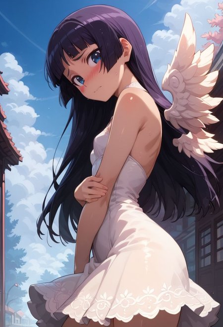 score_9, score_8_up, score_7_up, 
1girl, solo, Ruri Gokou, OreImo, 
blue eyes, long hair, himecut, 
loocking at viewer, 
small breasts, 
looking down, snatched waist, blush, embarrassed, 
shiny skin, oily, sweaty, thick thighs, wide hips,    
from side, 
White lace dress, long lace skirt,
sakura trees, Japanese street,
Back,  short angel wings, little angel wings ,