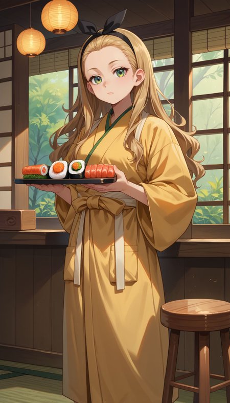 score_9, score_8_up, score_7_up, source_anime, 
 <lora:Kurumi:1> kurumi \(lycoris recoil\),long hair,black hairband,hair ribbon,forehead, yellow kimono, brown apron, waist bow, tasuki, zouri, tabi, indoors, tatami, counter, stool,  holding sushi tray, clumsy