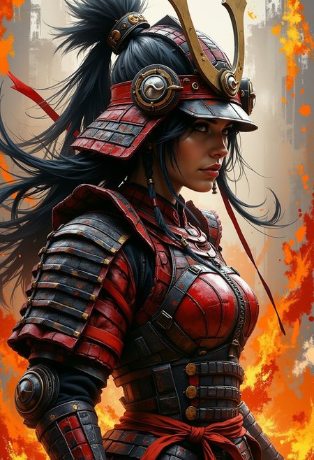 A digital painting in the style of ck-js,  Silhouette Art, breathtaking detailed, masterpiece, awe-inspiring, radiant, magnificent. (all dark hues and fine vibrant orange glowing smoldering accent and shiny silver color scheme:1.02). glossy. stunning oriental woman, long hair, samurai helmet, red leather samurai armour
