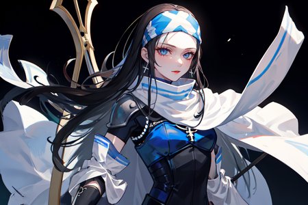 highly insanely detailed, masterpiece, top quality, best quality, highres, 4k, 8k, RAW photo, (very aesthetic, beautiful and aesthetic),  
beth_\(megami_tensei\),bethsmtii,shin megami tensei ii,long hair,black hair,straight hair,sleek black,jewelry,cross,headband,red_lipstick,white cape,cape_with_messian_symbol,Religious_cape,messian_symbol_cape,holy_knight_cape,Blue_dress,armored_corset,blue shirt,bandana_with_messian_symbol,Religious_bandana,symbol_headband,messian_church_bandana,Tokyo_Millennium,post-apocalyptic_city,dystopian_world, 
<lora:zs_Beth:0.6>, 
(1girl:1.3), 1other, 
(pure black background,transparent background:1.2),âââ
