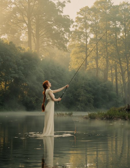 Art by Brooke Shaden. A photo-realistic shoot from a profile camera angle about a woman casting her line into a misty lake, wearing a white dress, standing in the middle of the image, holding a fishing rod in her right hand. the woman, who appears to be in her early twenties, has long, braided red hair and is facing away from the camera, with her eyes closed and a serene expression on her face. she is standing in shallow water, with a golden fish swimming near her feet. the background is a dense, misty forest with tall trees, casting a warm, golden light over the scene. the image has a dreamy, ethereal quality to it, with the woman's white dress and the golden fish adding to the serene atmosphere. the lighting is soft and diffused, creating a sense of calmness and tranquility.